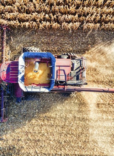 Drone shot capturing a tractor harvesting corn in a sunny Minnesota field.
